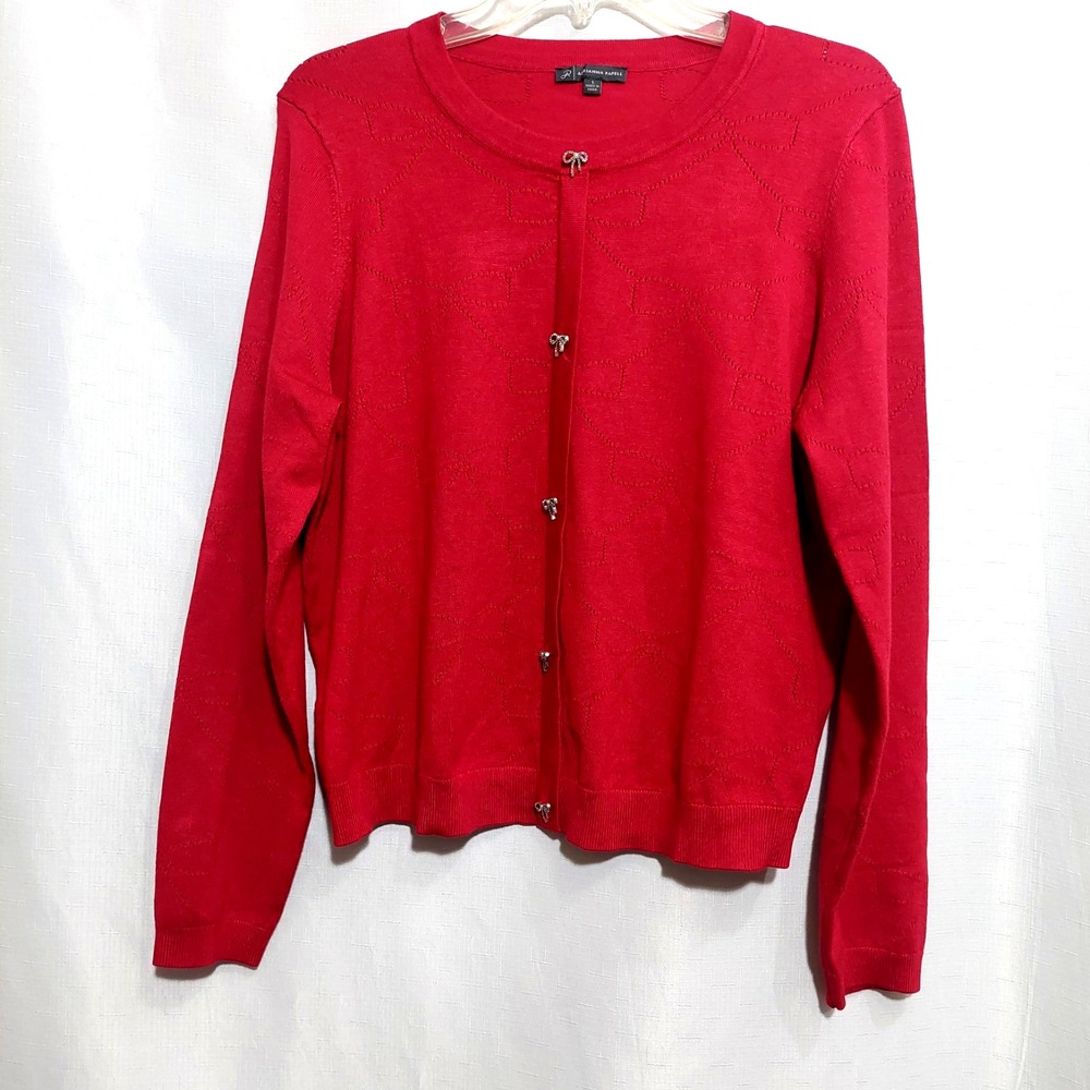 Adrianna Papell Women Large Knit Pullover Sweater Rhinestone Accent Buttons Red